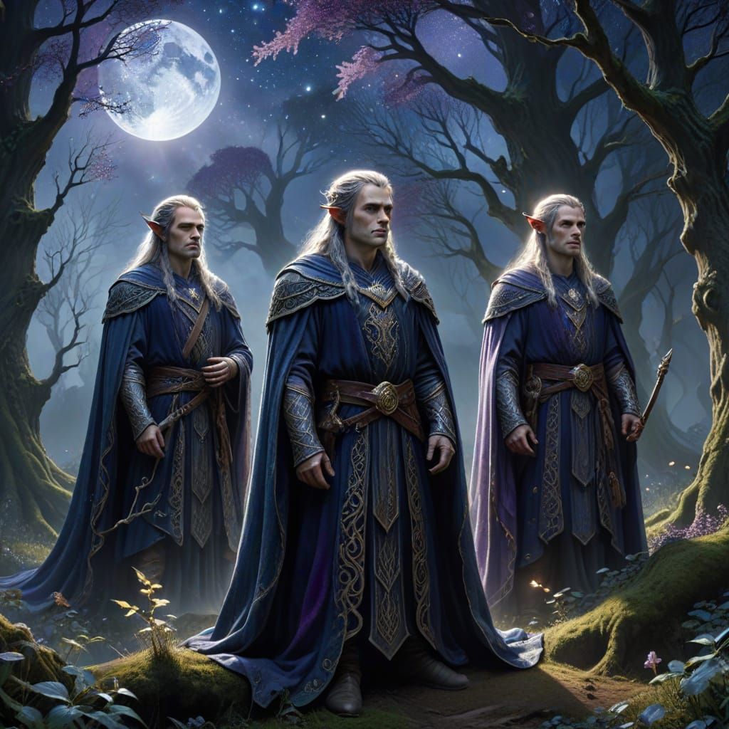 Three Elf Kings Under Starry Sky