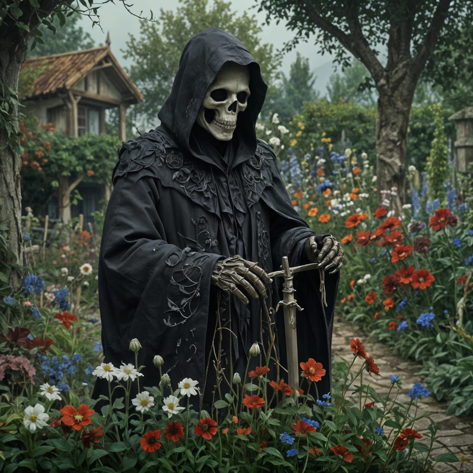 Ethereal Grim Reaper Portrait in Garden
