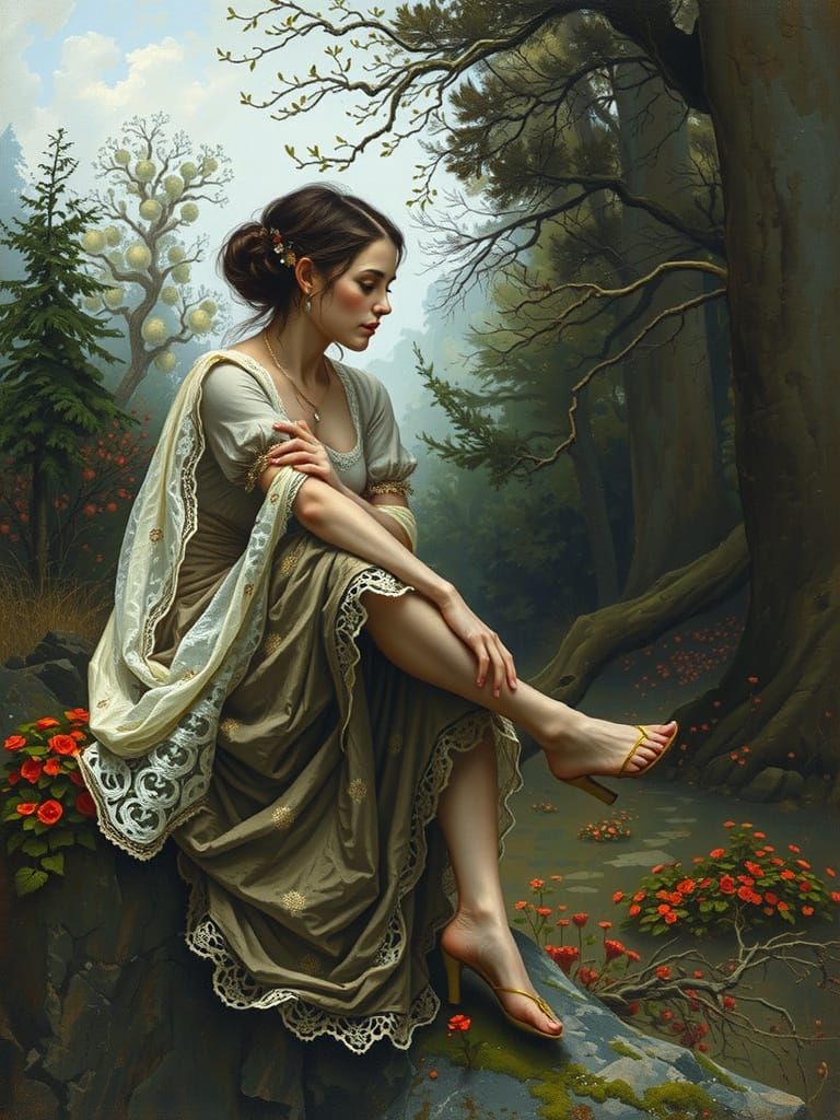 Classical Woman in Forest Clearing, Whimsical Art Style