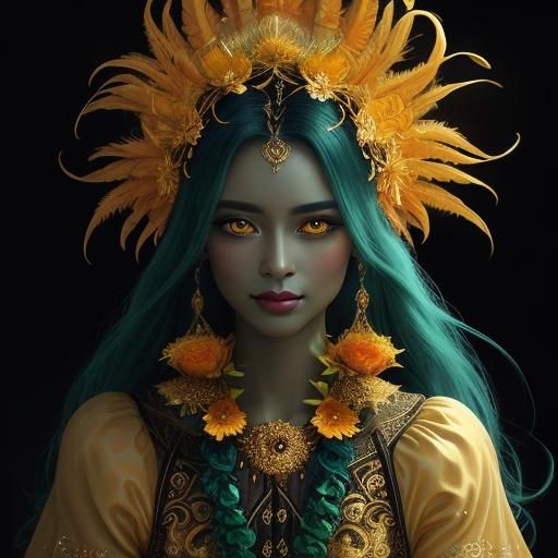 Golden Woman with Peacock Feathers in Ethereal Mist