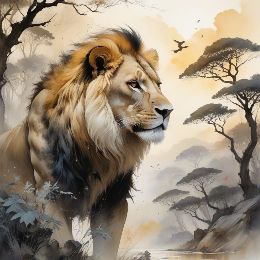 Surreal Savannah Sunset with Silhouetted Lion