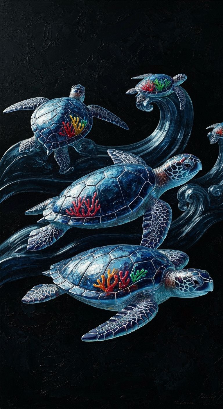 Glass Sea Turtles in Deep Blue Waves Oil Painting