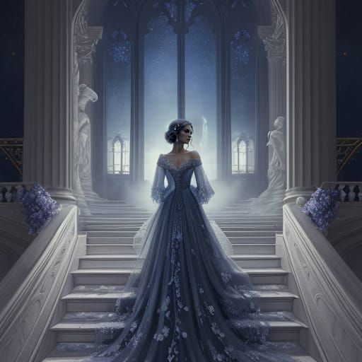Ethereal Fantasy Woman Descends Moonlit Staircase
