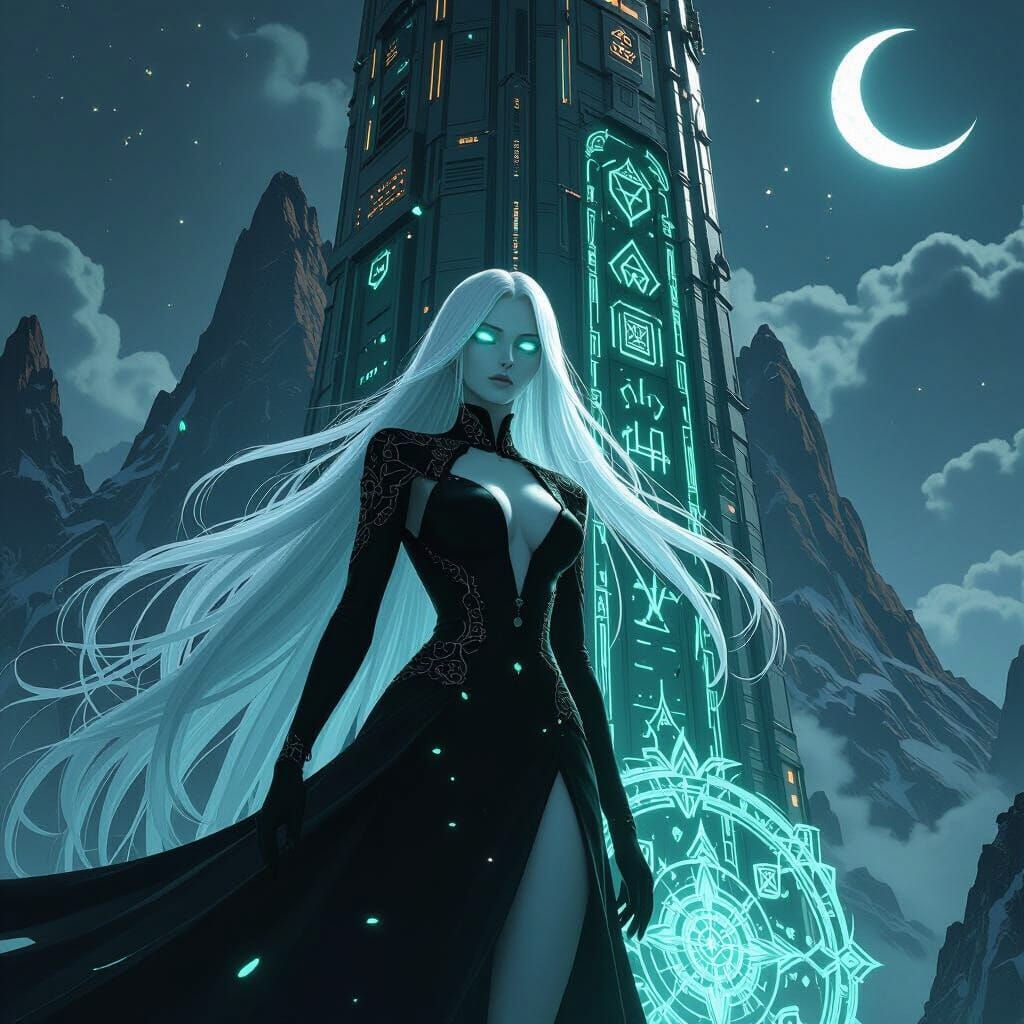 Anime Sorceress Under Space Elevator in Cinematic CGI Style