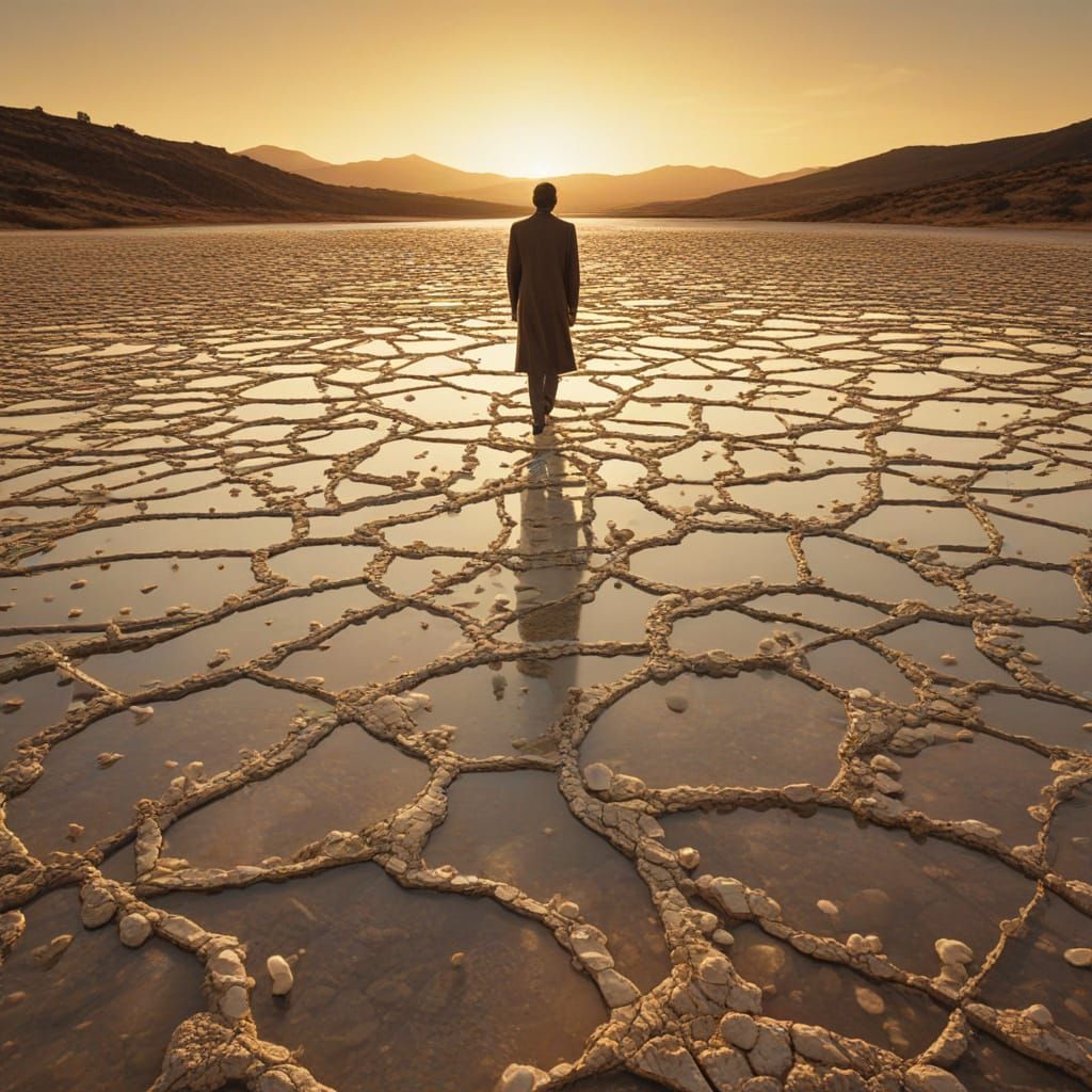 Surreal Golden Hour Masterpiece: Lone Figure on Floating Ter...
