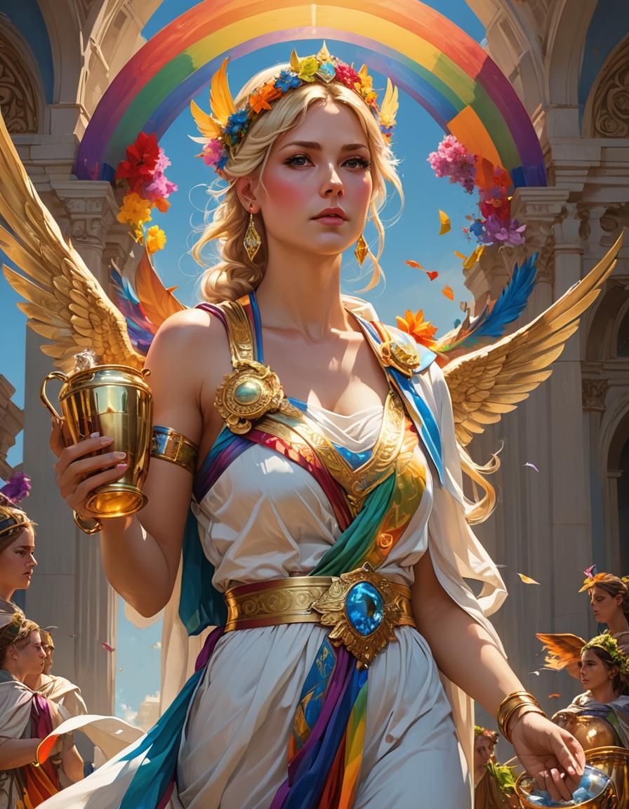 Rainbow Toga Goddess with Golden Wings