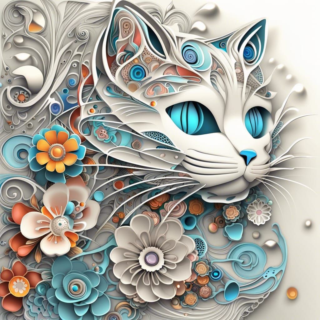 3D Cat with Flowers in Abstract Vector Style