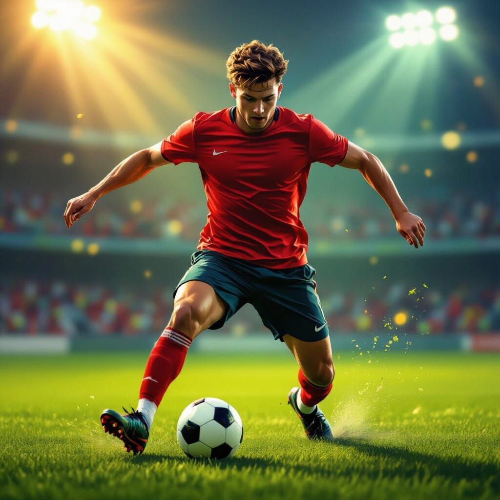 Dynamic Soccer Player Kicking Ball on Vibrant Field