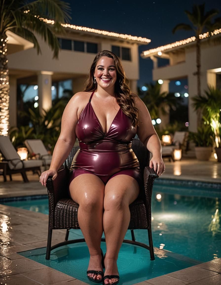 Pool Party Play Time wearing a shiny, wet look, burgundy bik...