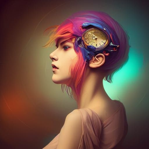 Colorful Portrait with Birdcage Clock, Artgerm Style