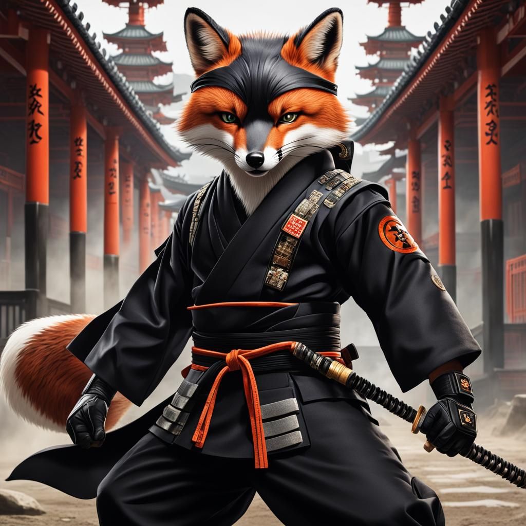 Fox Ninja in Black Kimono with Combat Gear