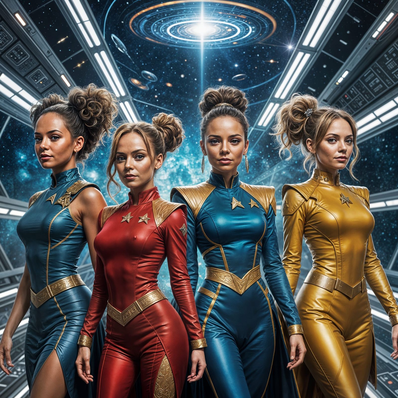 Spice Girls in Star Trek Uniforms, Hyperrealistic Cosmic Art