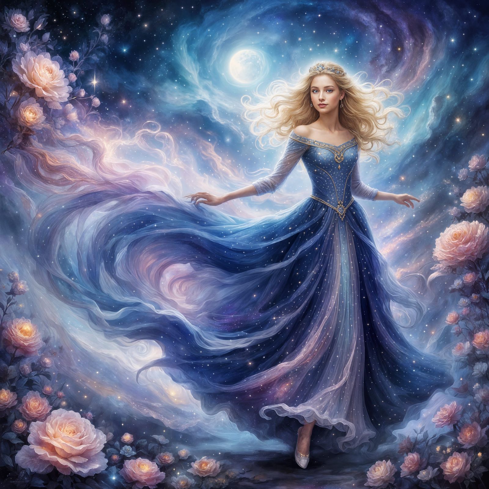 Princess in Royal Diamond Dress Amidst Shining Galaxies in E...