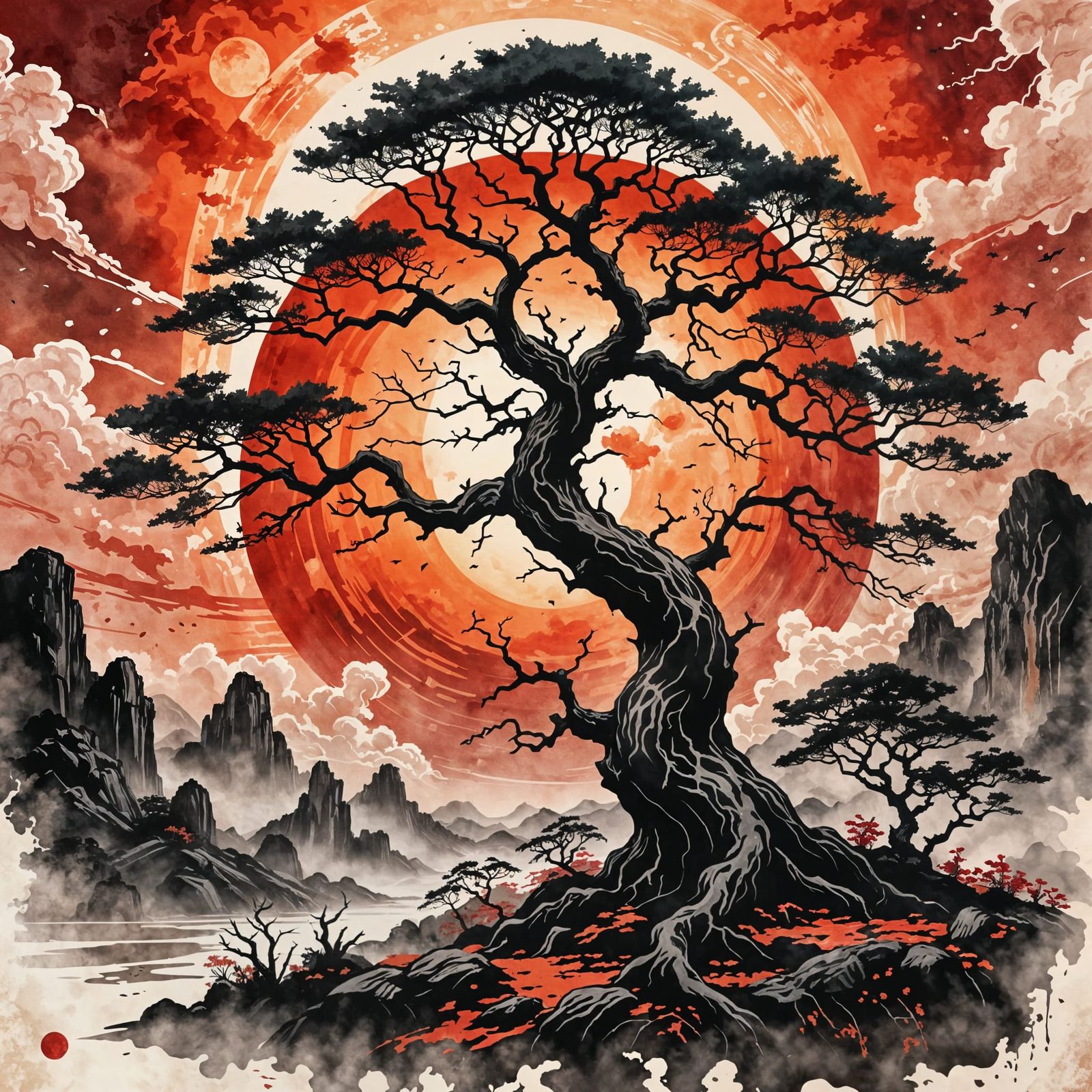 Ominous Old Tree in Chinese Ink Painting Style
