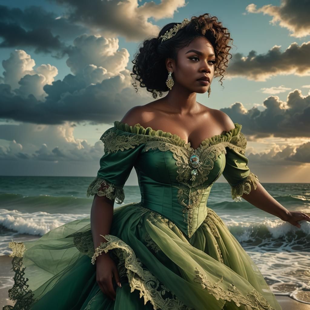 Voluptuous Woman in Victorian Dress at Sea