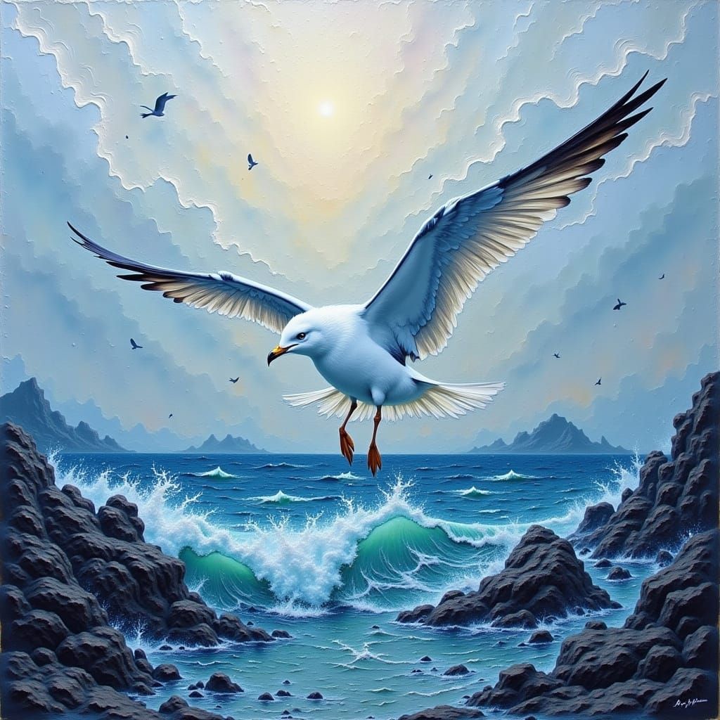Majestic Seagull in Flight, Inspired by Impressionist Master...