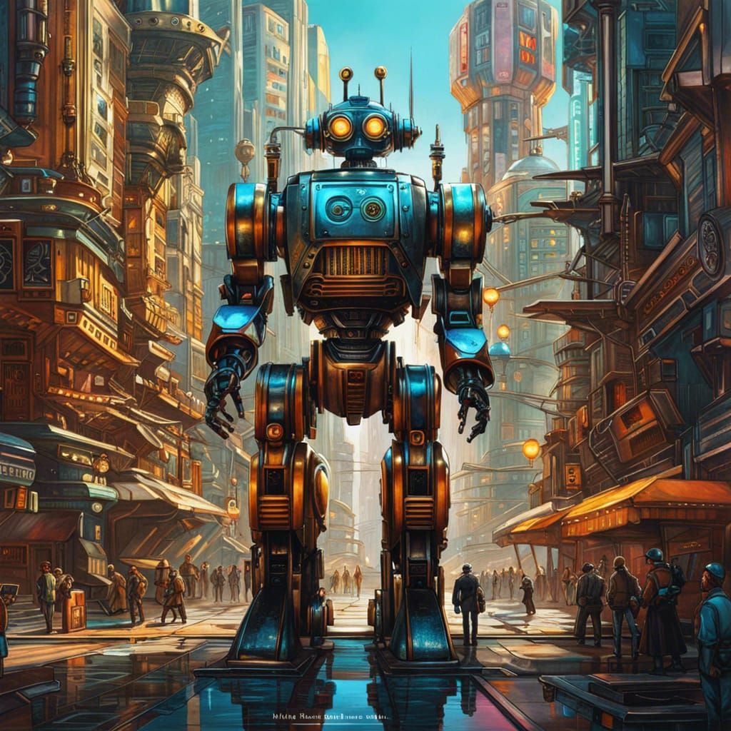Dieselpunk Robot in Retropunk City, Hyperdetailed Art