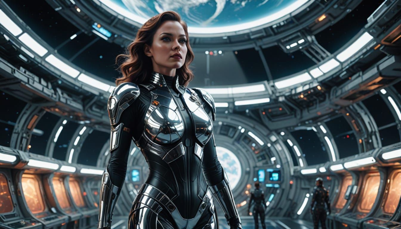 Chrome Superheroine on Space Station: Sci-Fi Glamour