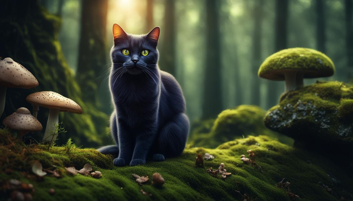 Mystical Forest: A Witch's Cat in Hyper-Realistic Photograph...