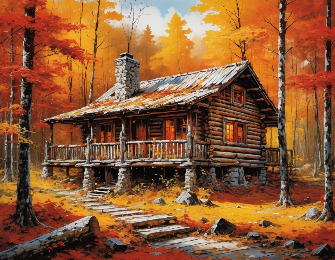 Log Cabin in Autumn Forest as Abstract Art
