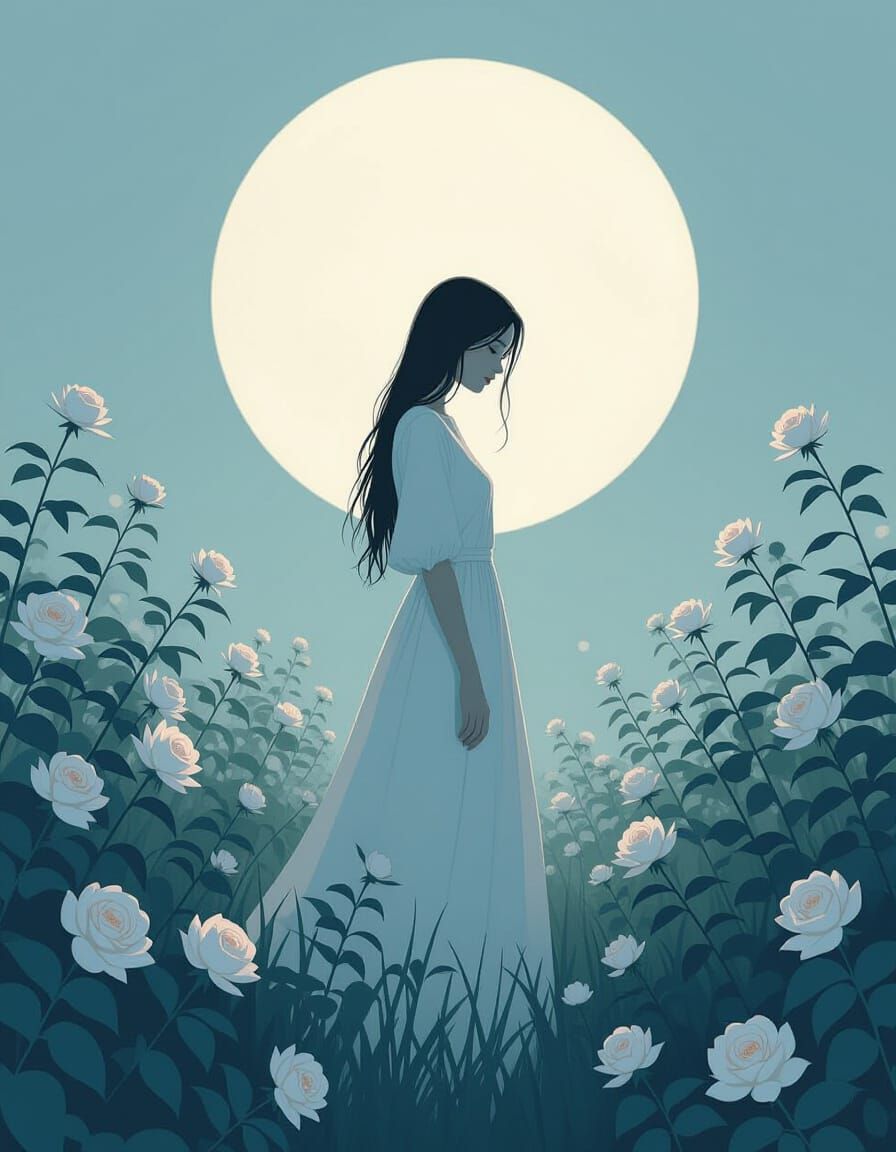 Forlorn Woman in Moonlit Rose Garden