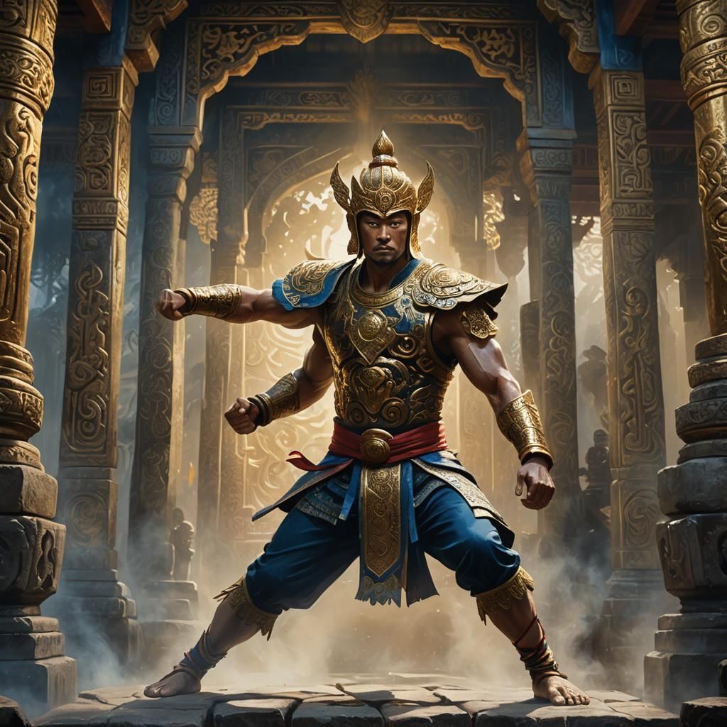 Thai Boxing Warrior in Mystical Temple, Digital Art