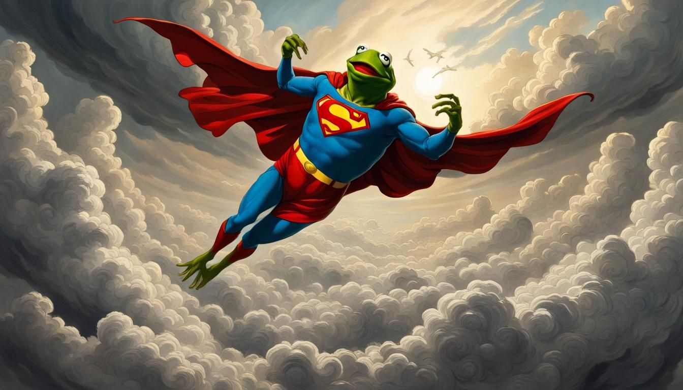 Kermit as Superman in a Doré-inspired Style