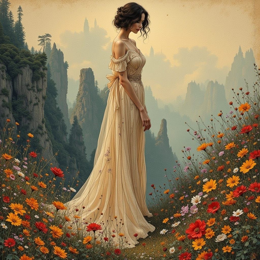 Elegant Woman on Misty Cliff, Art Nouveau Style