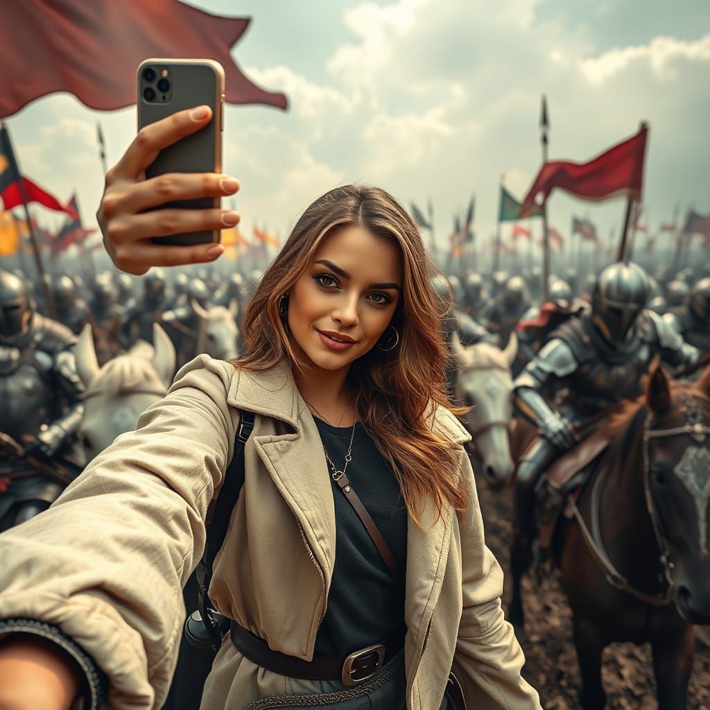 Influencer Selfie Amidst Medieval Battle Scene