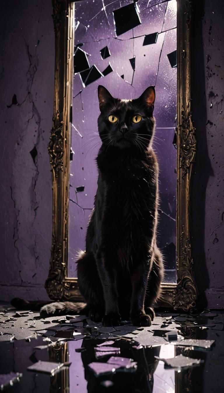 Black Cat on Mirror in Surreal Dreamscape
