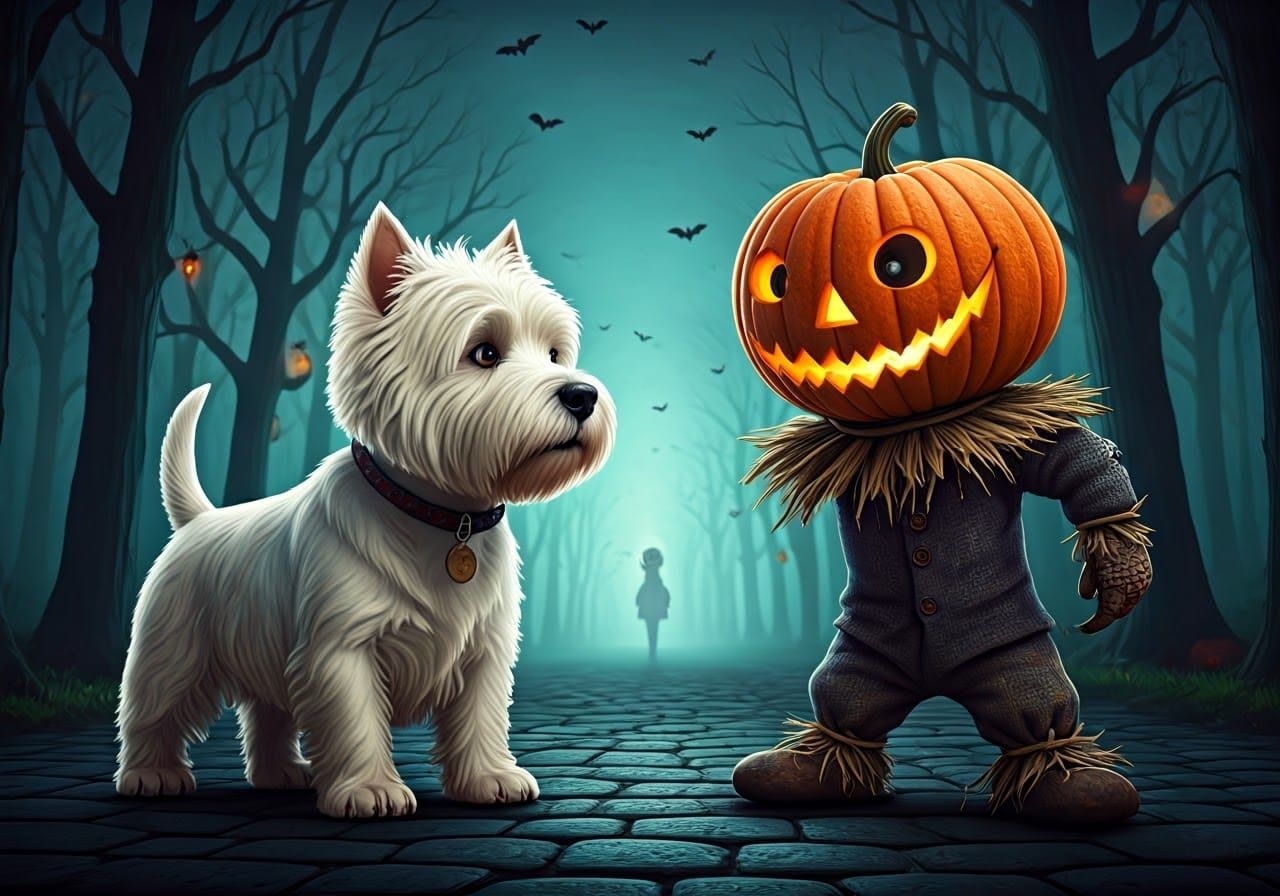 Spooky Halloween: Terrier and Pumpkin Scarecrow in 3D