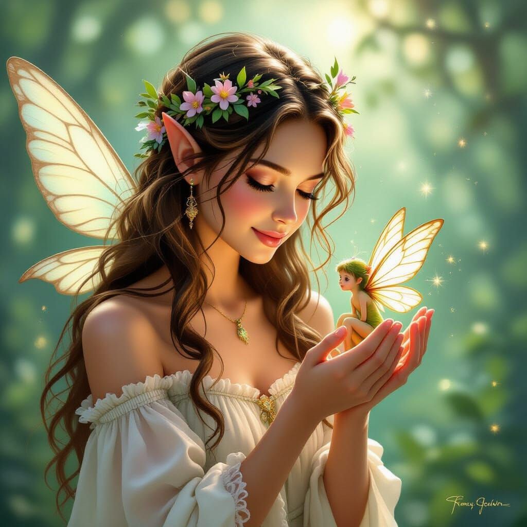 Woman Holding Fairy in Whimsical Fantasy Art