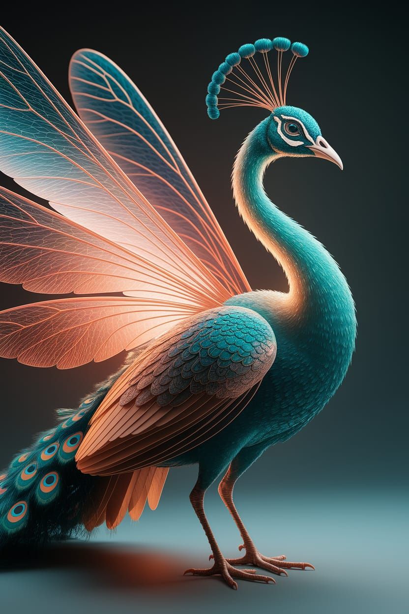 Surreal Hybrid Peacock in Triadic Colors