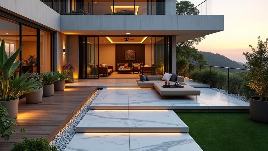 Modern Rooftop Terrace with Lush Greenery and Ambient Lighti...