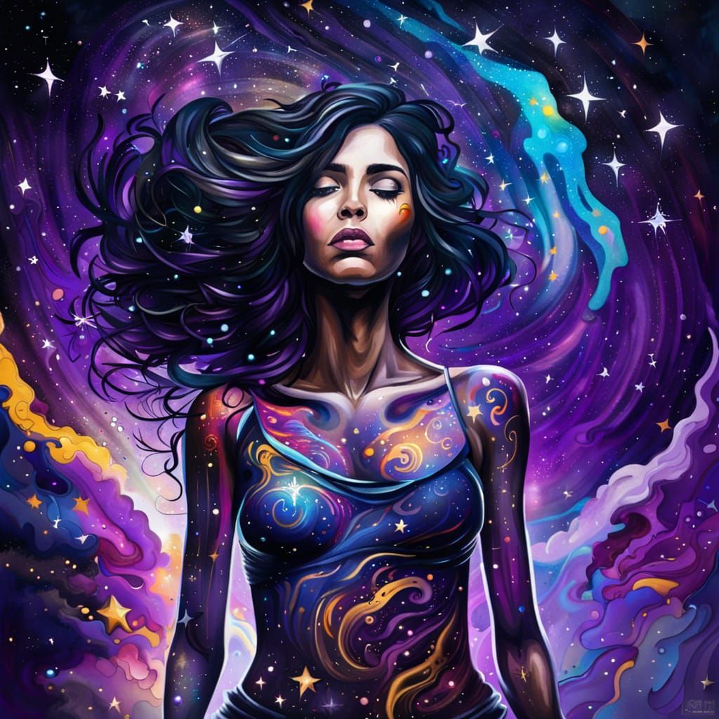 A Celestial Goddess with Swirling Tattoos and Vibrant Conste...