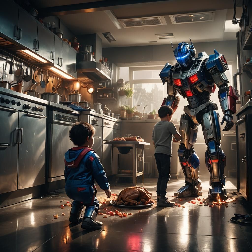 Boy in Optimus Prime Costume in Cyberpunk Kitchen