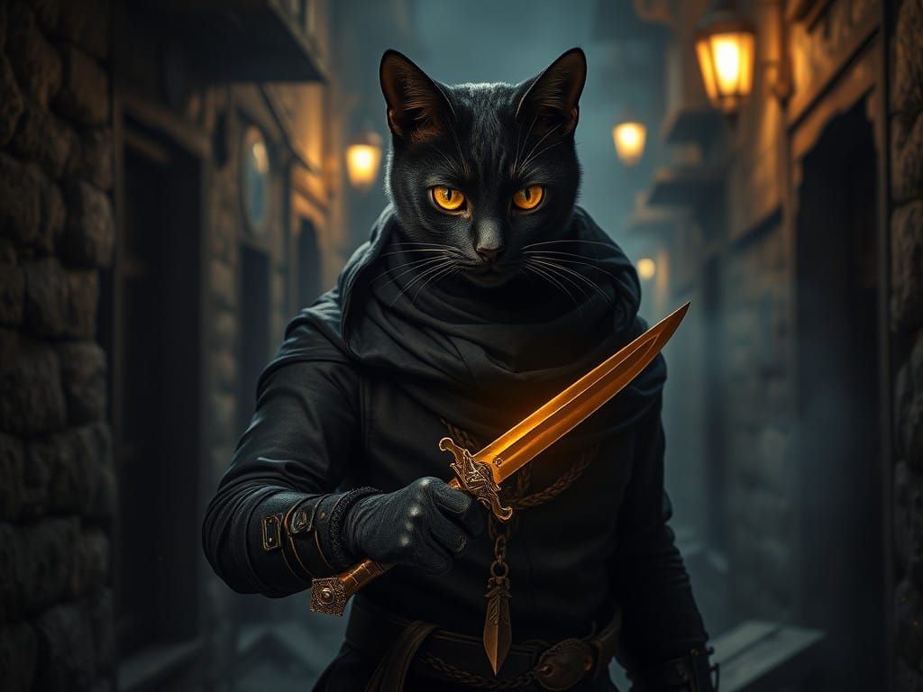 Sleek Night Cat Thief in Cinematic Dark Alleyway