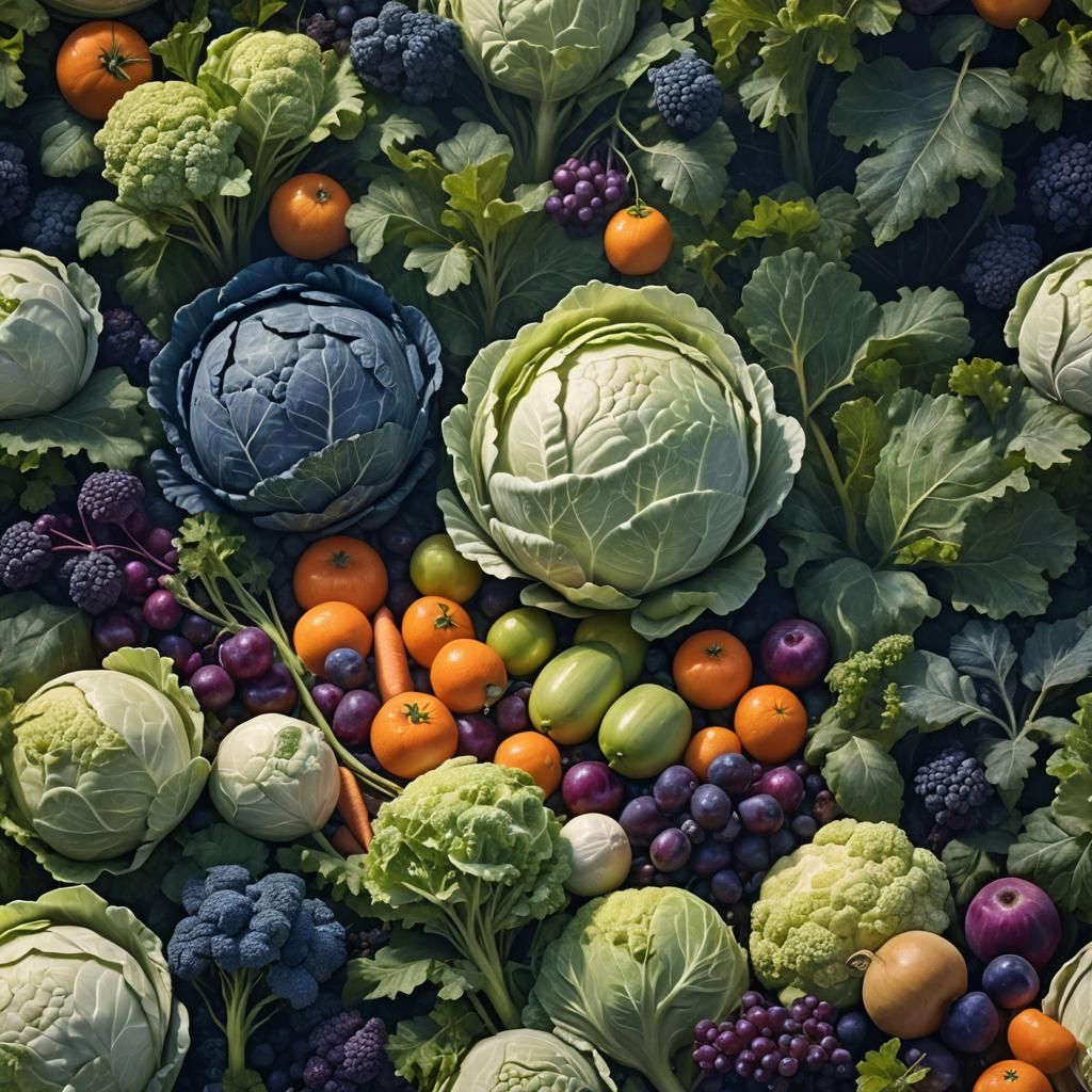 Lush Forest Still Life with Cabbage and Fruit