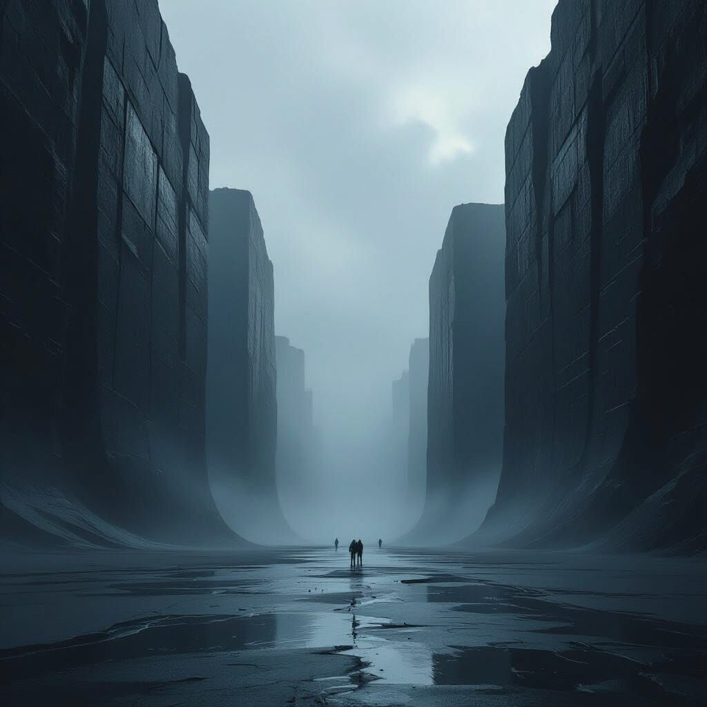 Eerie Monolithic Walls in Foggy Canyon Landscape