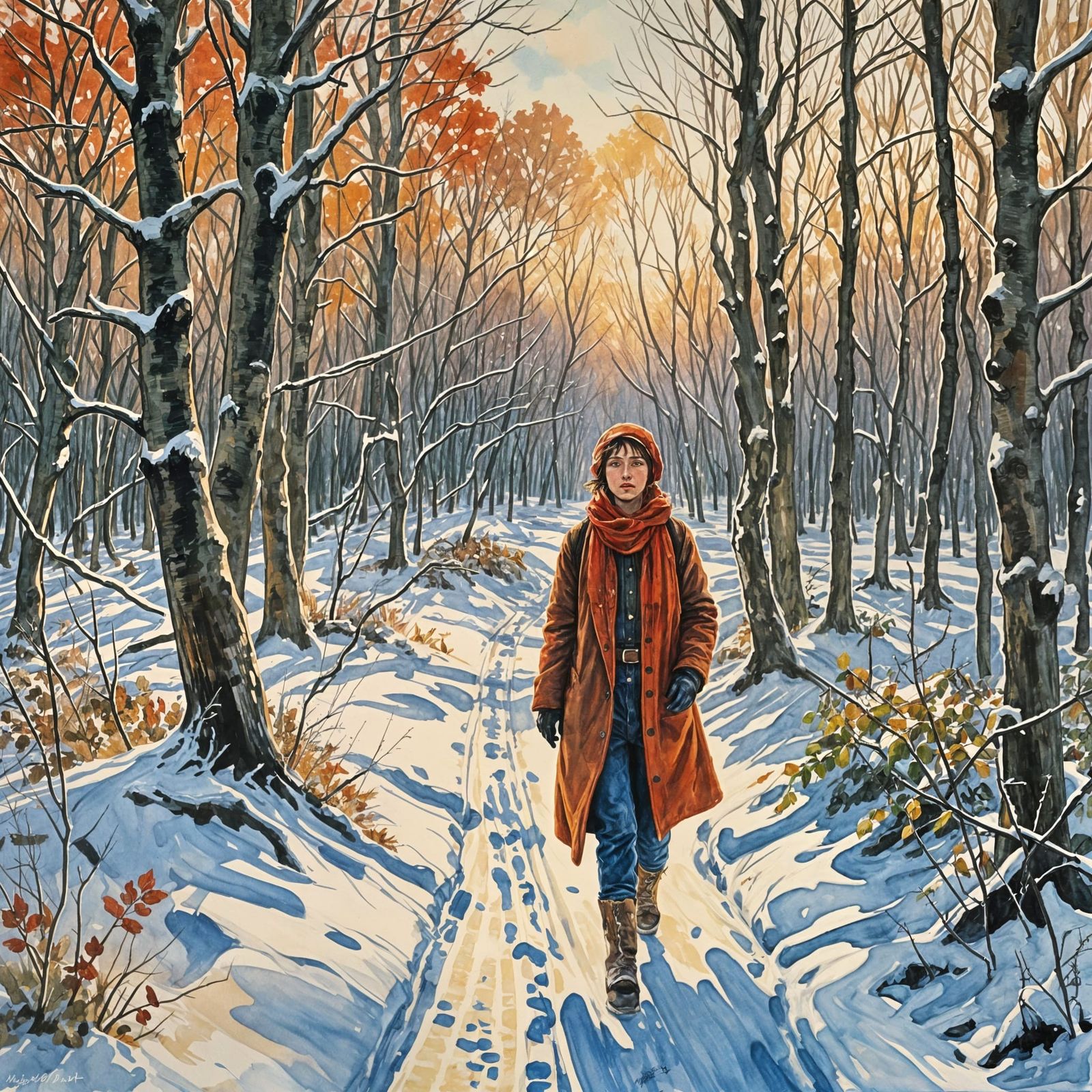 Wisconsin Winter Landscape in Gouache Style