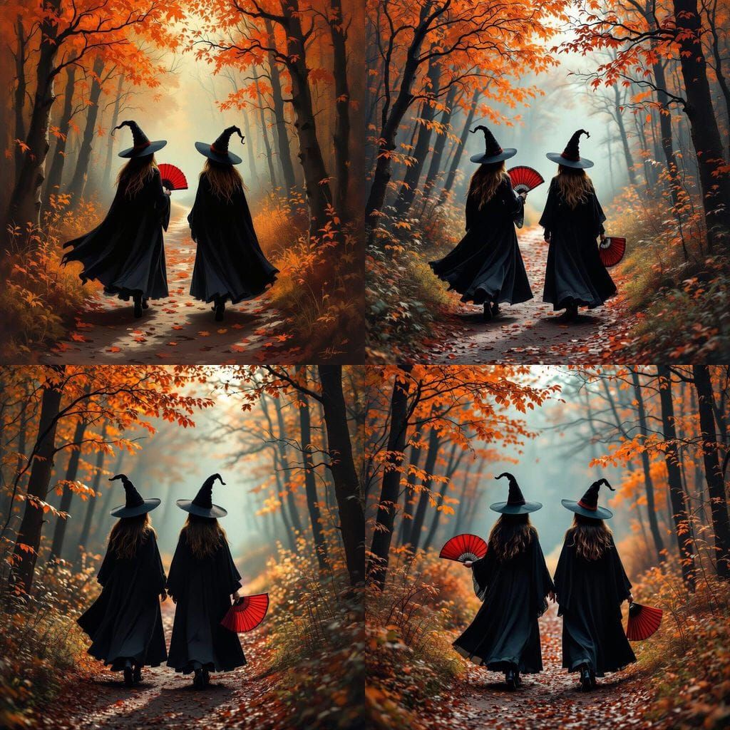 Two Witches in Autumn Forest with Red Fan Oil Painting
