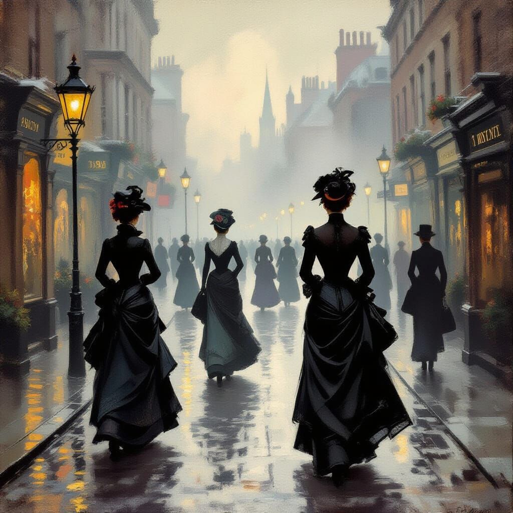Victorian Women Walk Misty London Street