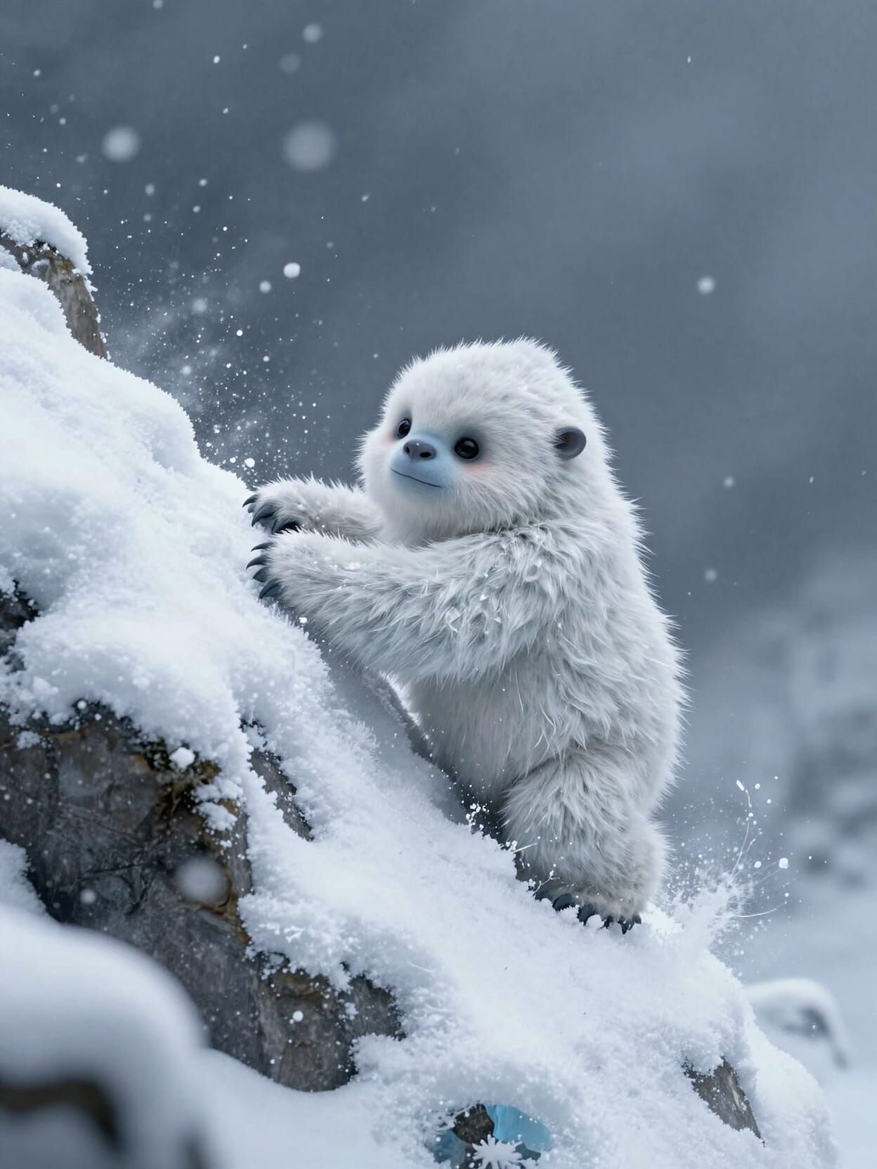Adorable Baby Yeti Ascends Snowy Mountain in Storm