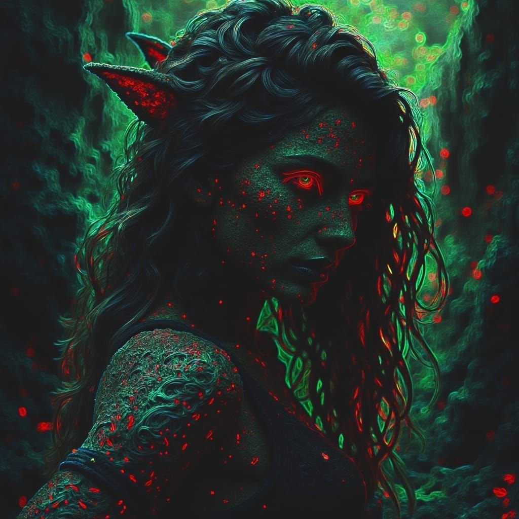 Sinister Woman in Neon Glitch Comic Style