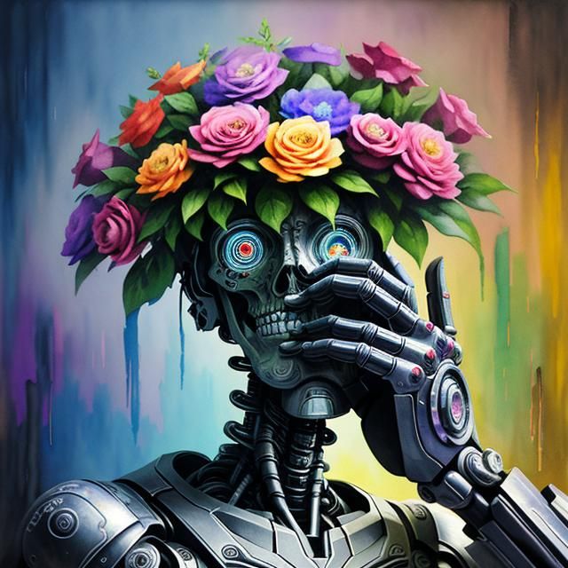 Cybernetic Hand Offering Flowers: Graffiti Impressionism