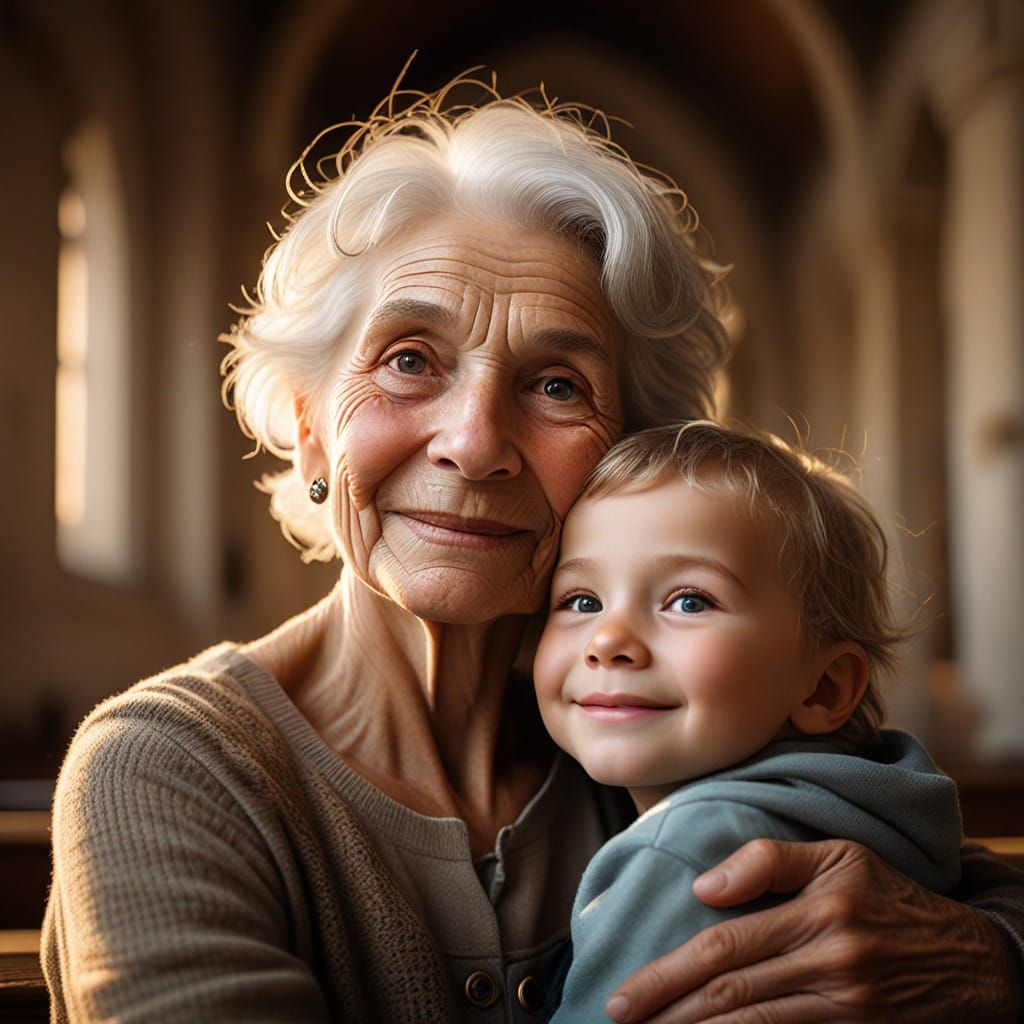 Warm Elderly Woman Embracing a Child in a Golden Hour Church...