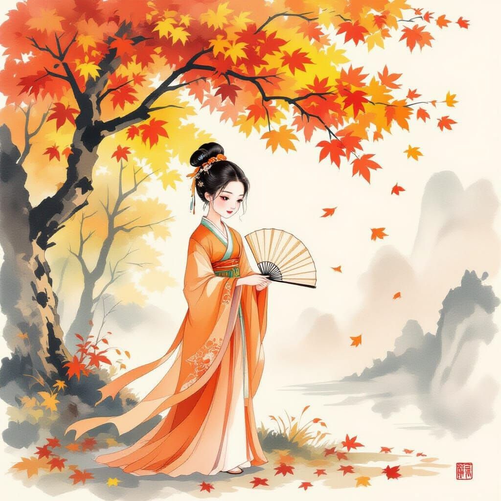Chinese Girl in Orange Dress Under Autumn Tree
