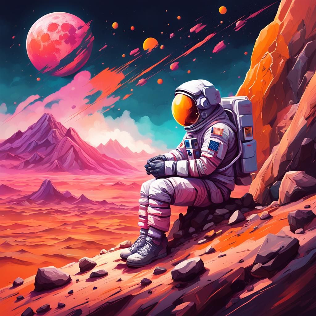 Astronaut on Desert Planet at Sunset: Graffiti Art