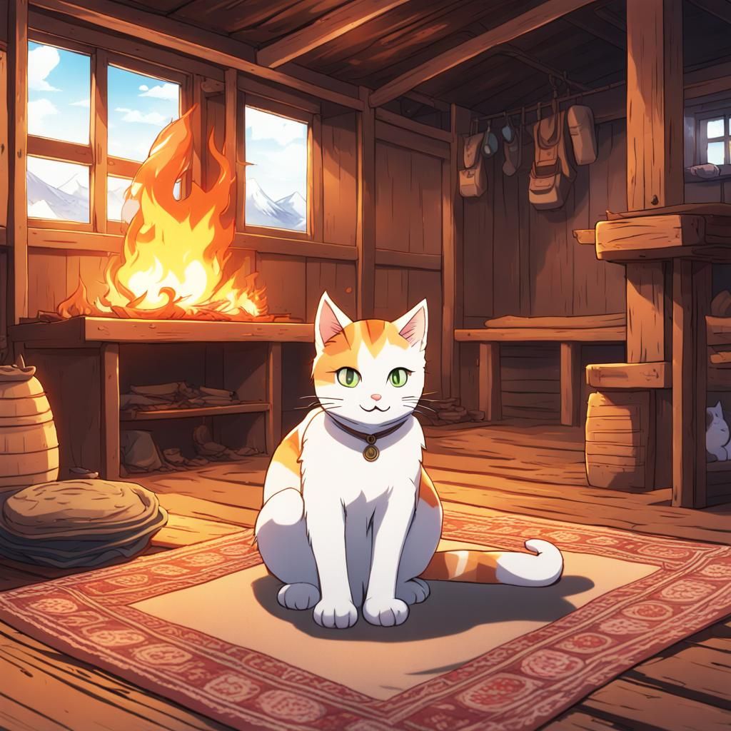 Smiling Cat in Wooden Shack in Anime Style