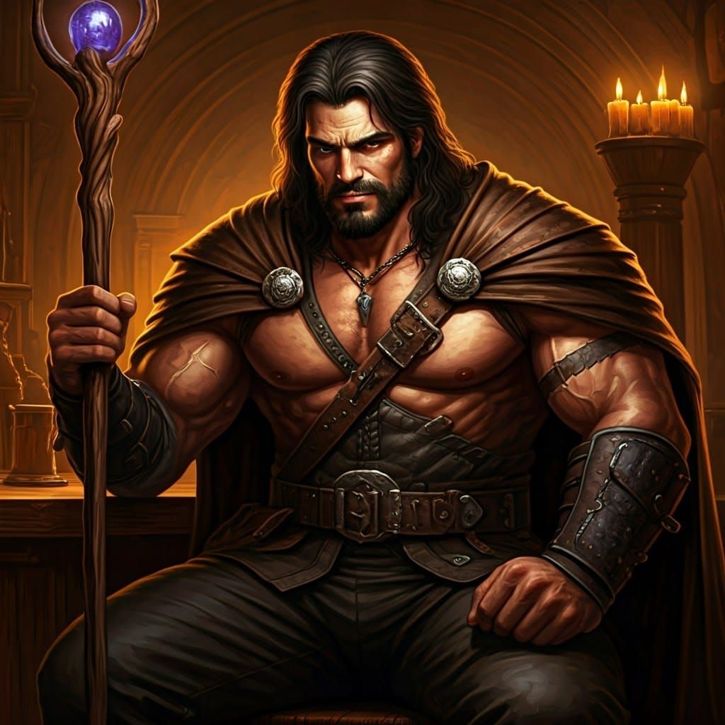 Mysterious Brown-Caped Wizard in Tavern Ambiance